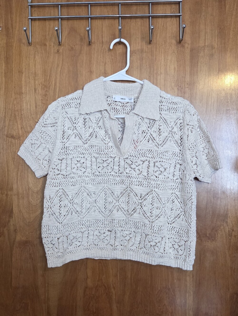 Mango Openwork Knit Polo Top in Cream